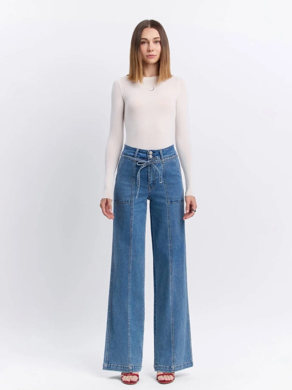 VERVET ‘Olivia’ Super High Rise Tie Waistband Wide Leg Jeans‎